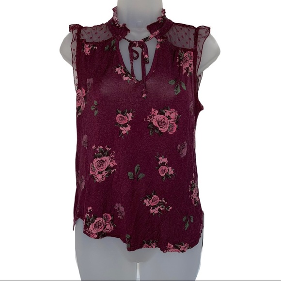 Burgundy Floral Lace Mesh Tie Neck Sleeveless - Picture 1 of 11